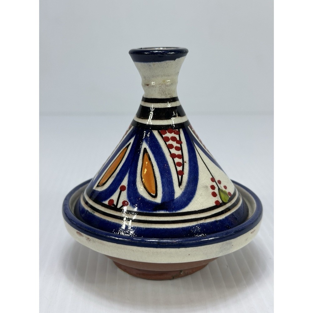 Vintage Small Moroccan Terracotta Tagine Pot Hand‎ Painted Glazed Morocco Signed